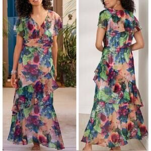 Soft Surroundings Floral Tiered Ruffle Maxi‎ Dress Flutter Sleeve V-Neck Size L